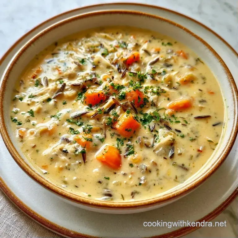 Elegant white bowl of rich, creamy soup garnished with a pinch of fresh parsley and a side of toasted baguette.