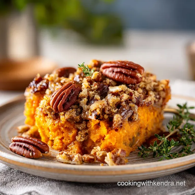 A golden-brown sweet potato bake elegantly scooped into a white bowl, garnished with a sprinkle of cinnamon.