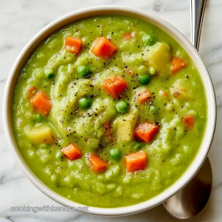 Deep teal bowl of thick green pea soup topped with a swirl of cream and a sprig of fresh, bright green parsley.