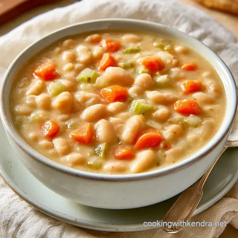 Thick white bean soup in a shallow bowl garnished with a swirl of gold olive oil and a fresh sprig of aromatic thyme.