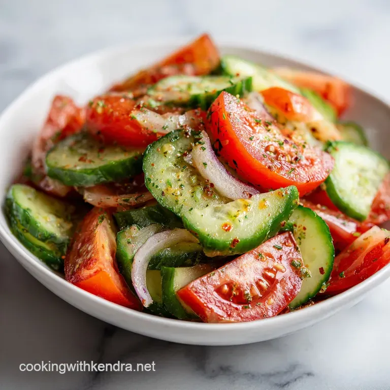 Cucumber tomato salad artfully plated; feta crumbles, herbs, and dressing drizzle create an appetizing, colorful composition.