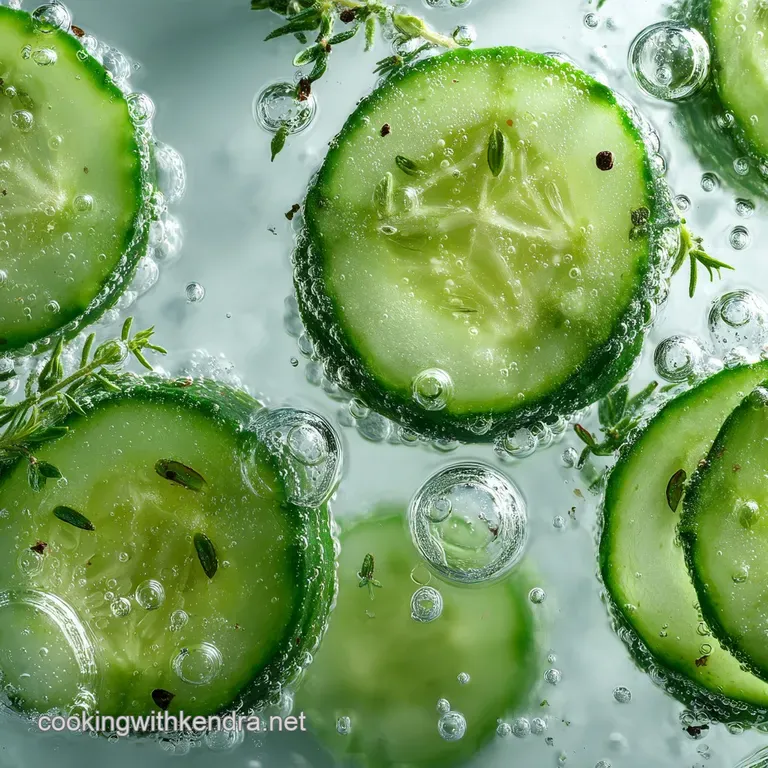Elegant glass of cucumber water with a sprig of mint, garnished with thinly sliced cucumbers, casting a cool, refreshing s...