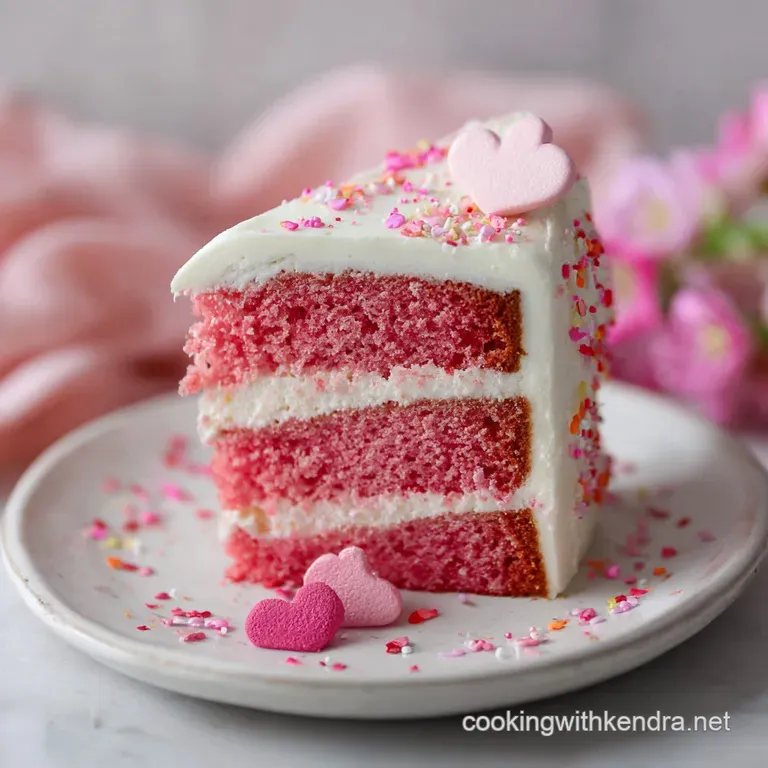 Slice of pink frosted cake on a white plate with candy hearts. Swirls of frosting create soft peaks and shadows.
