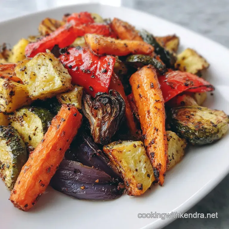 Glossy roasted vegetables piled high on a white plate, glistening with olive oil. A sprig of thyme adds a pop of fresh green.