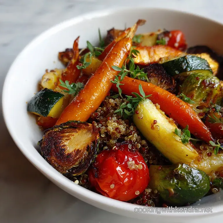 Glistening roasted vegetables atop nutty quinoa, elegantly plated. A vibrant, healthy dish showcasing a spectrum of textur...