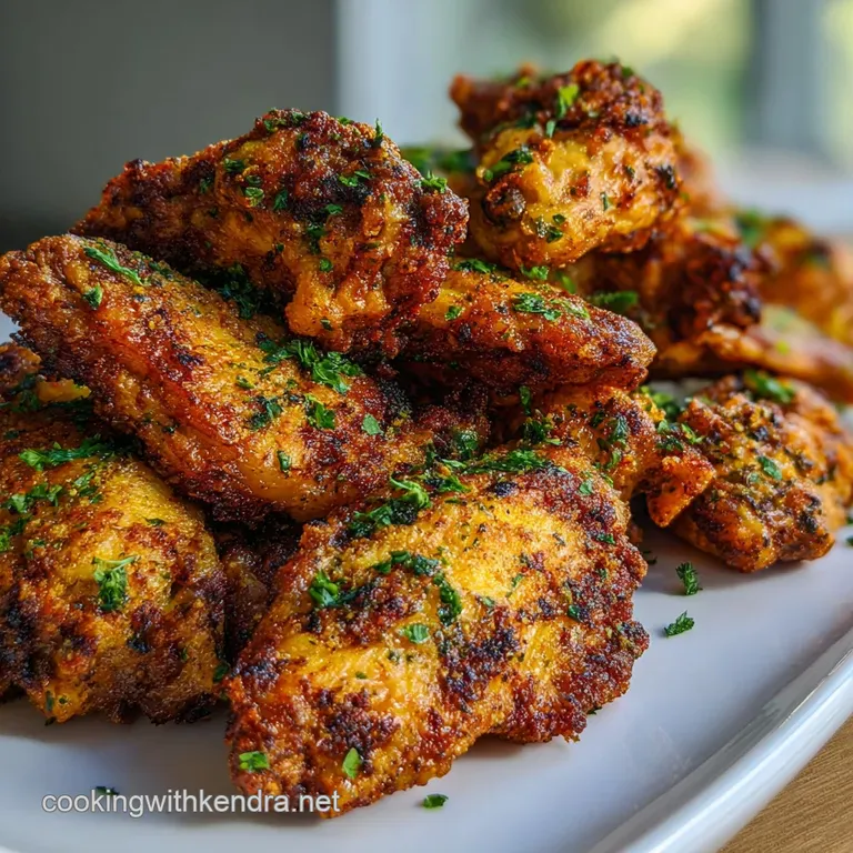 Perfectly arranged platter of dry-rub wings with herbs. The crispy skin has a slight char with flavorful spices.