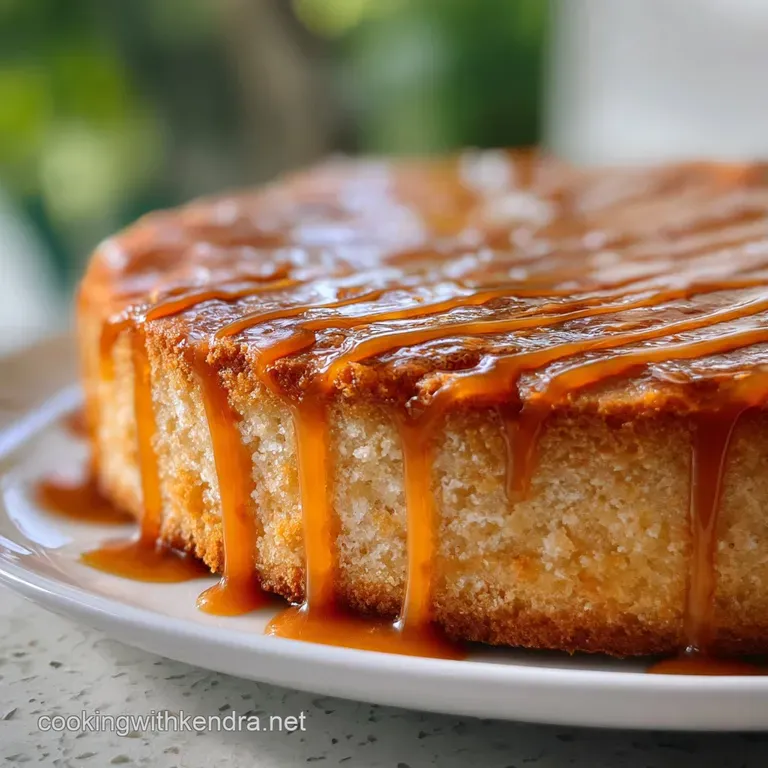 Slice of caramel cake with fluffy frosting. Warm caramel drizzle contrasts with the bright white plate. A luxurious, simpl...