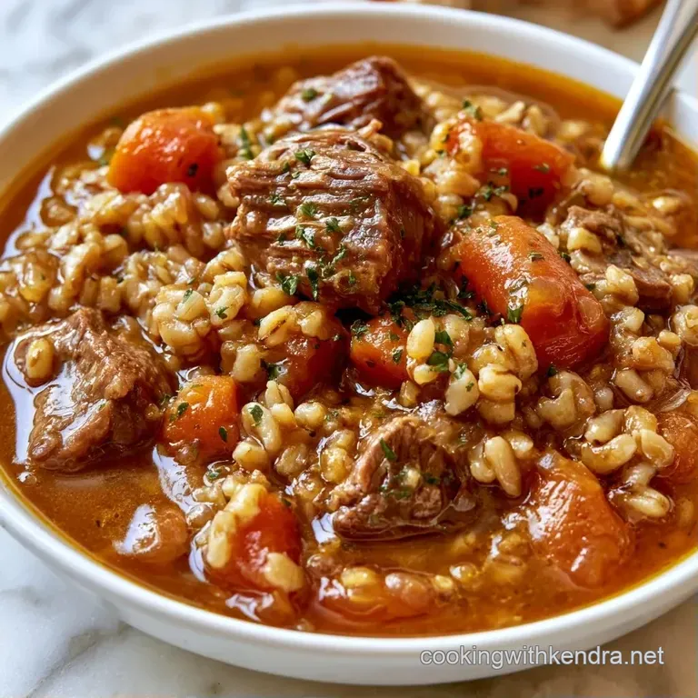 A rustic ceramic bowl filled with chunky beef and pearled barley, garnished with fresh parsley on a wooden table.