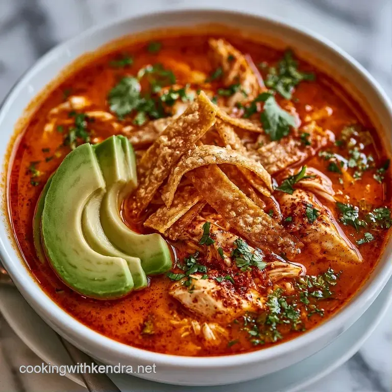 Vibrant soup bowl topped with sliced avocado, crisp tortilla strips, and a fresh lime wedge on a linen napkin.