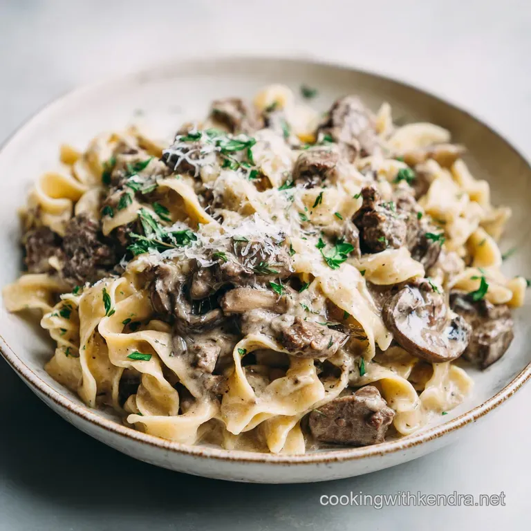 Elegant plate of beef stroganoff. Tender beef and creamy sauce cascade over a bed of glistening egg noodles.