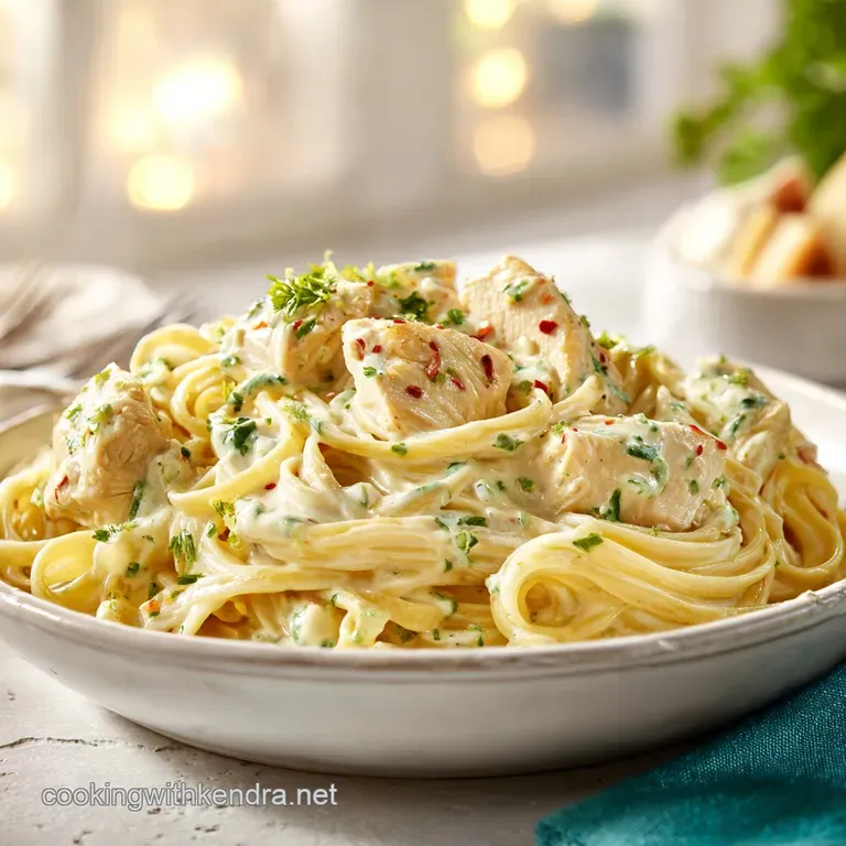 A fork twirls golden Alfredo-coated noodles with tender chicken in a shallow bowl, garnished with vibrant green parsley.