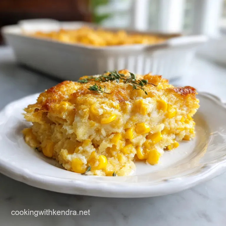A generous spoonful of creamy, golden corn casserole, steam rising, garnished with fresh herbs on a white plate.