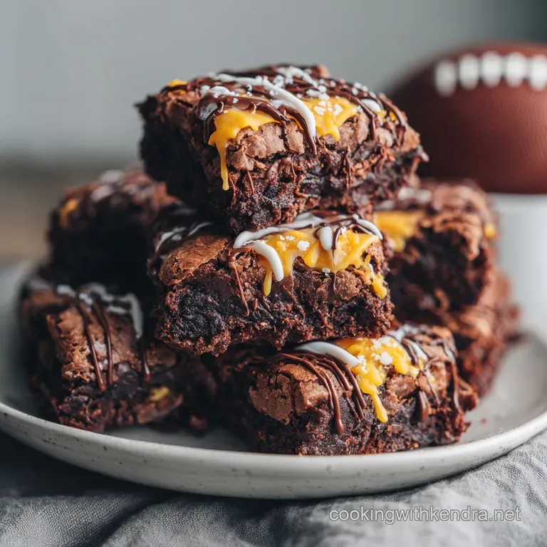 A rich chocolate brownie 'football' sits on a white plate, complete with white frosting laces. A festive dessert ready to ...