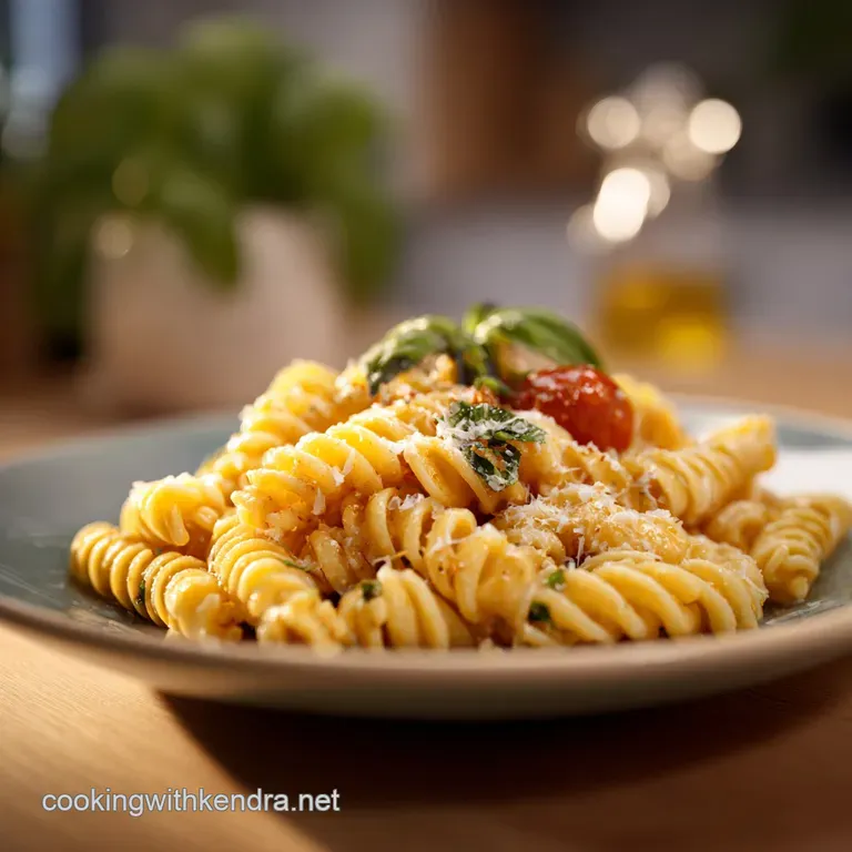 A twirl of glistening pasta on a white plate, flecked with parsley and parmesan. Garlic bits peek through. Delicious and r...