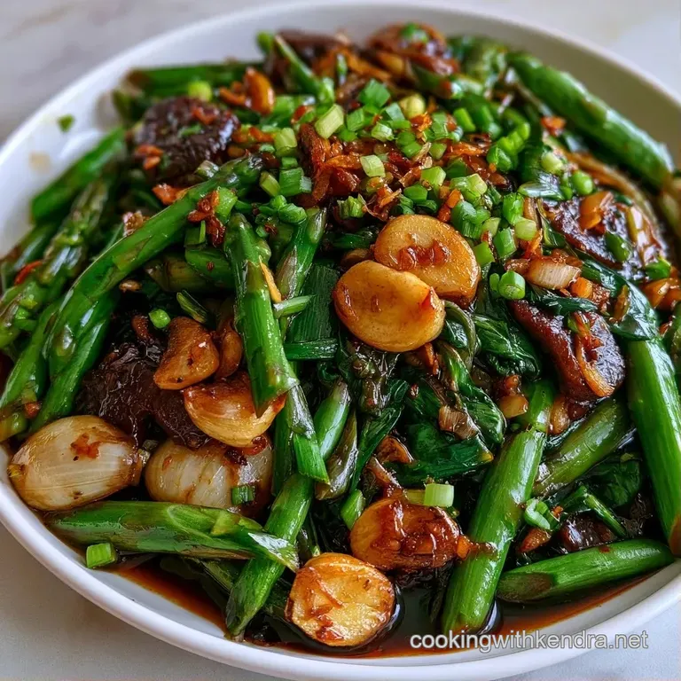 Colorful medley of saut&eacute;ed crisp vegetables in a shimmering sauce, plated on white porcelain with green onion curls.