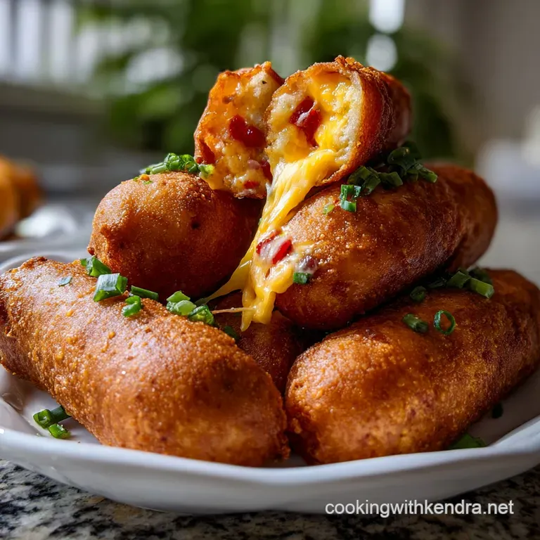 Golden-fried Korean corn dogs, crispy panko crust contrasted with soft dough, artfully plated with a drizzle of sauce.