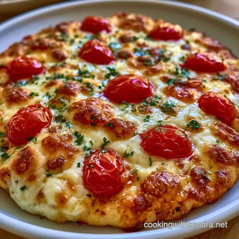 Slices of golden-brown flatbread on a white platter, topped with melted cheese and bright green basil leaves.