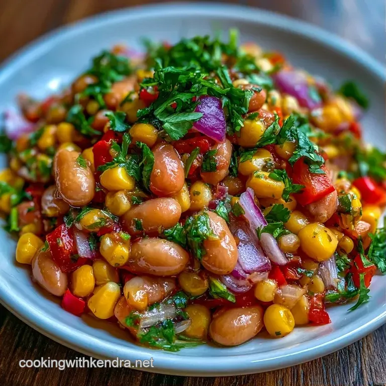 A white ceramic bowl filled with mixed beans, bright red peppers, and green herbs, topped with a fresh lime wedge.