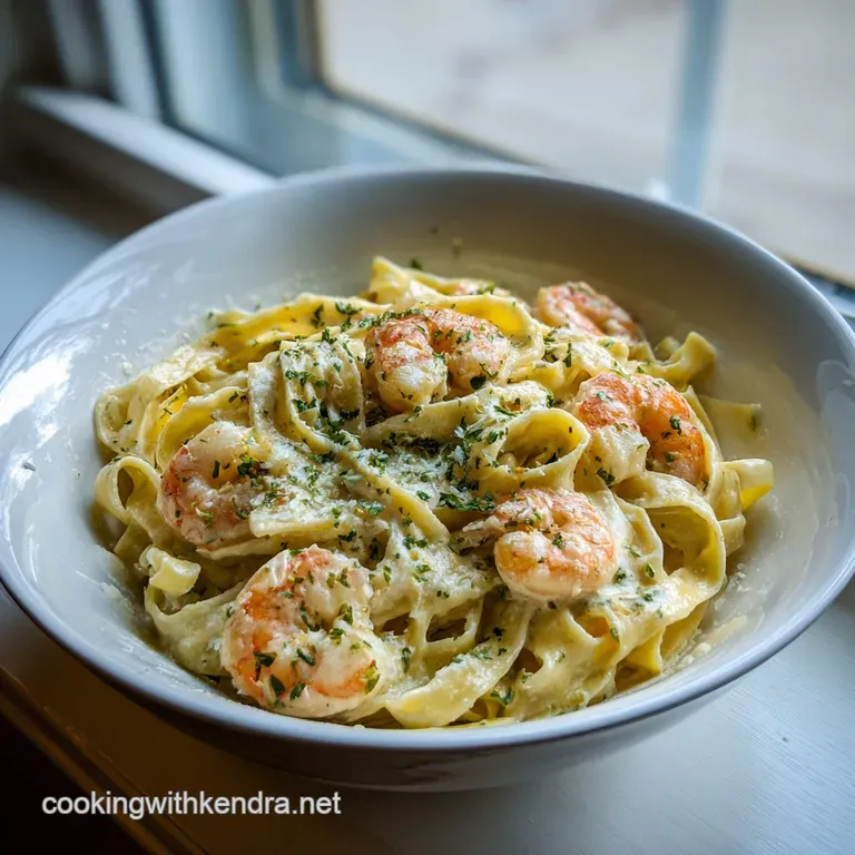 A twirl of fettuccine Alfredo with juicy shrimp, artfully plated and garnished with fresh parsley; steam rises enticingly.