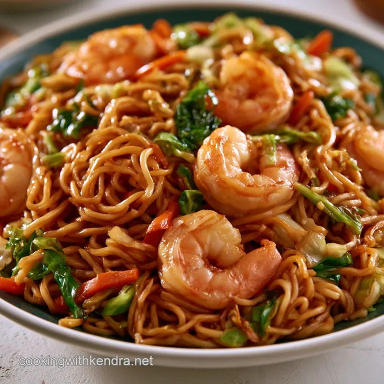 Elegant swirl of glistening noodles and pink shrimp in a white bowl, garnished with bright green scallion rings.