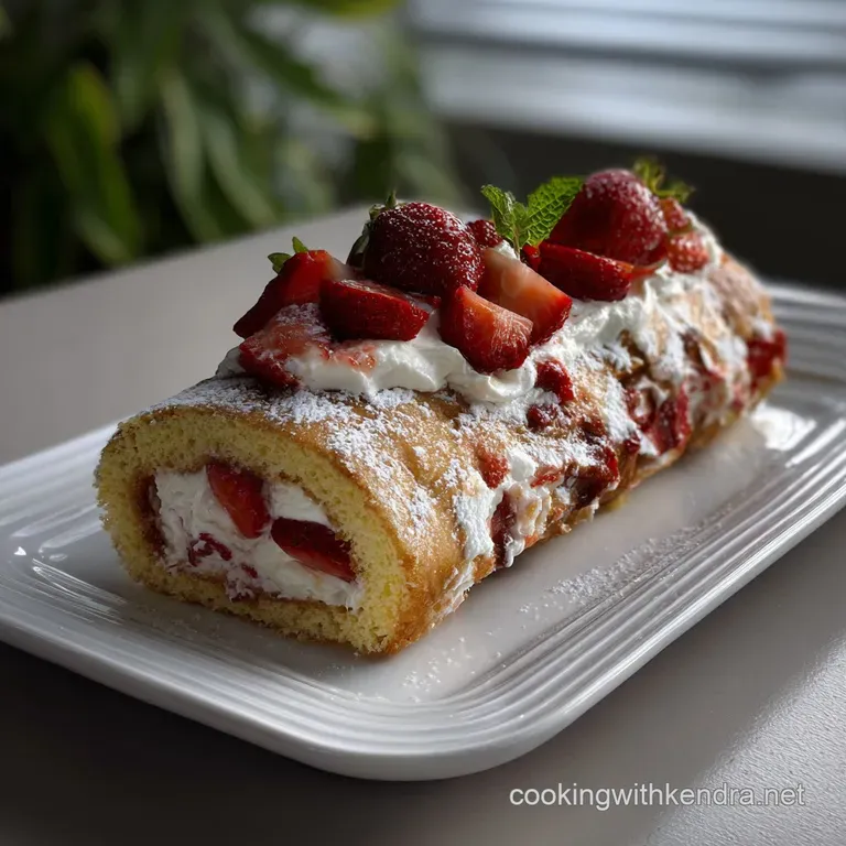 Slice of strawberry cream swiss roll artfully displayed on a white plate, showcasing fluffy sponge layers and vibrant berr...