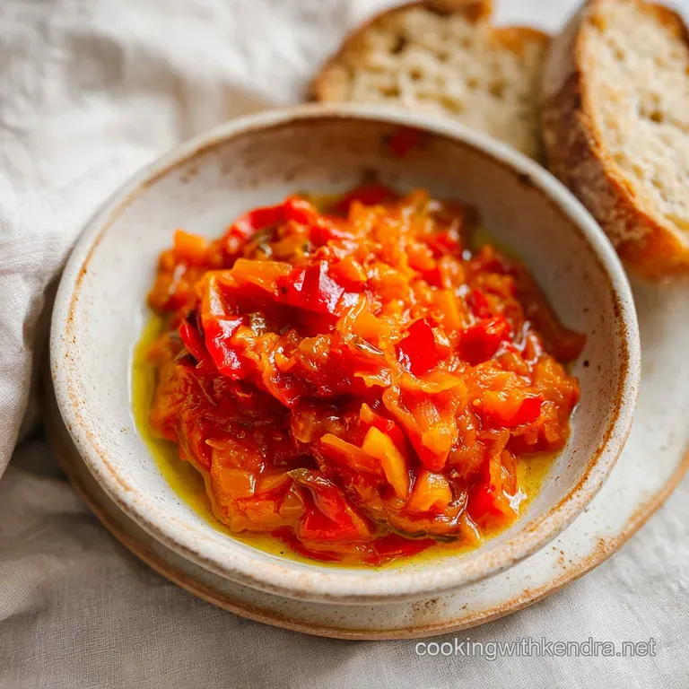 A smooth swipe of roasted red vegetable dip on white stoneware with toasted baguette and a drizzle of golden oil.