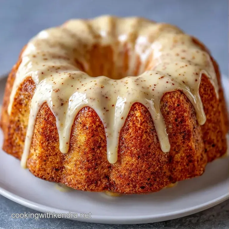 A single slice of airy cream-colored cake on a porcelain plate with a cinnamon stick and a gold dessert fork.