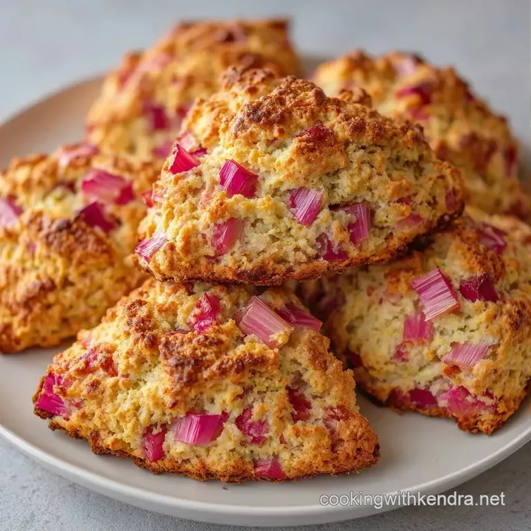 A stack of golden pastries with pink fruit swirls, paired with a white linen napkin and a cup of steaming tea.