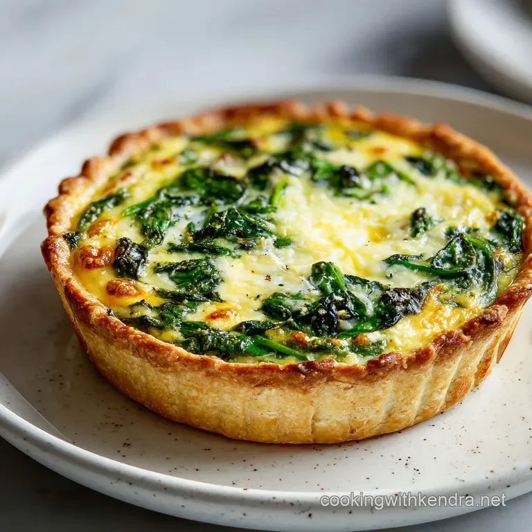 Slice of creamy spinach quiche presented on a white plate, steam rising, highlighting the flaky crust and vibrant green fi...