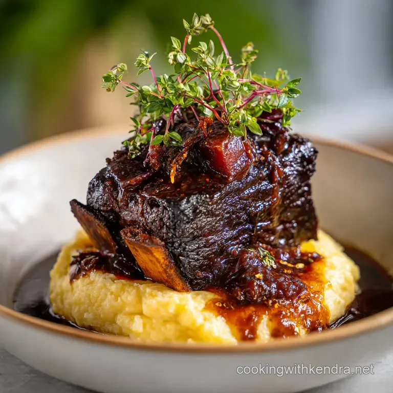 A single braised short rib, fork-tender and glistening, atop a swirl of polenta. Garnished with microgreens, a sophisticat...