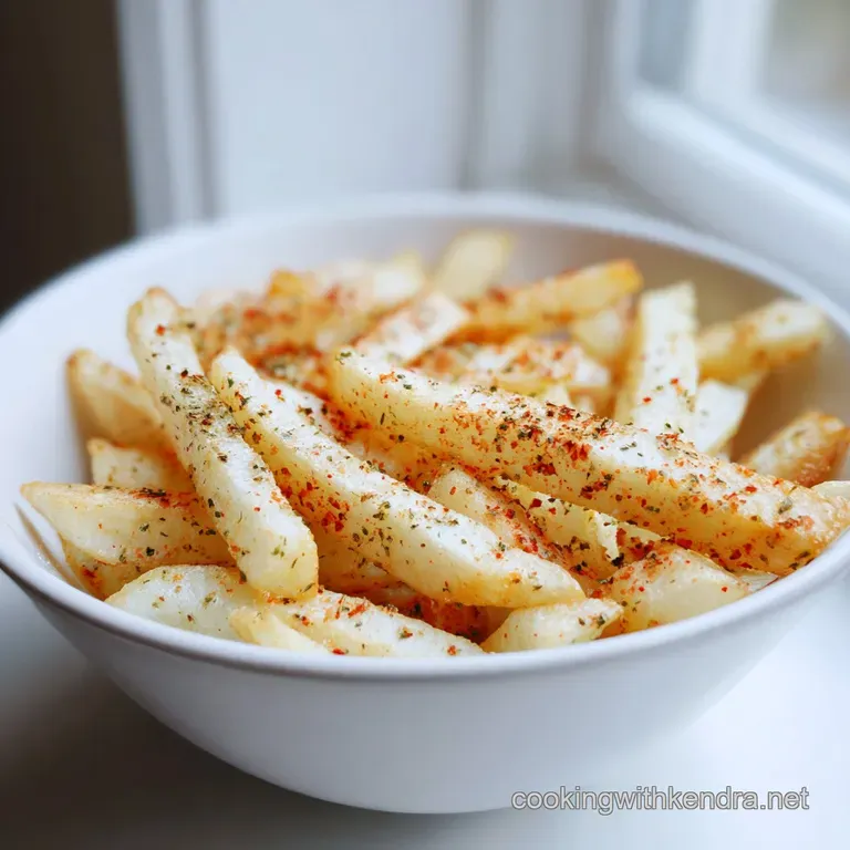 Close-up of seasoned fries in a paper cone; speckled with colorful spice blend, steam rising, hints of crispy potato texture.