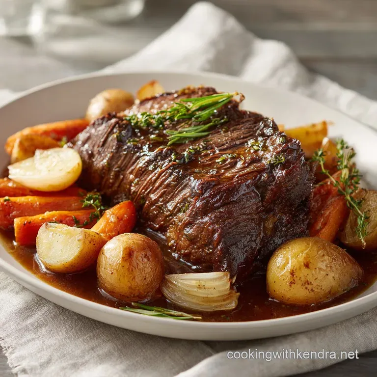 Slice of tender pot roast resting on creamy mashed potatoes, topped with glistening, dark gravy and chopped parsley.