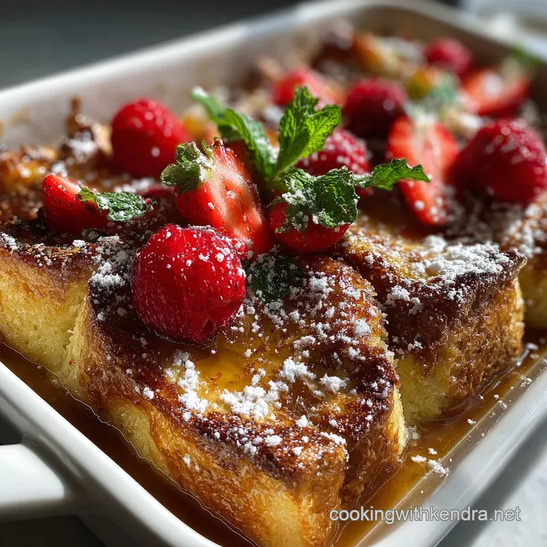 Slice of warm French toast casserole on a white plate, topped with whipped cream and drizzled with amber maple syrup.
