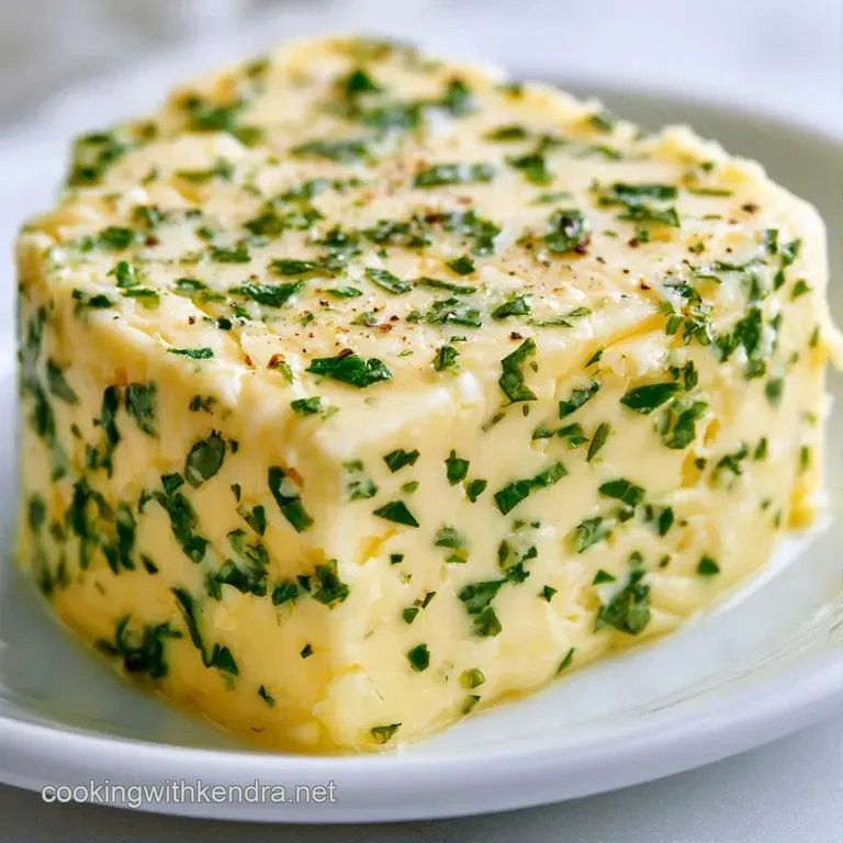 Golden-yellow herb butter curled into a neat swirl on a white plate, accented by a sprig of fresh green basil.