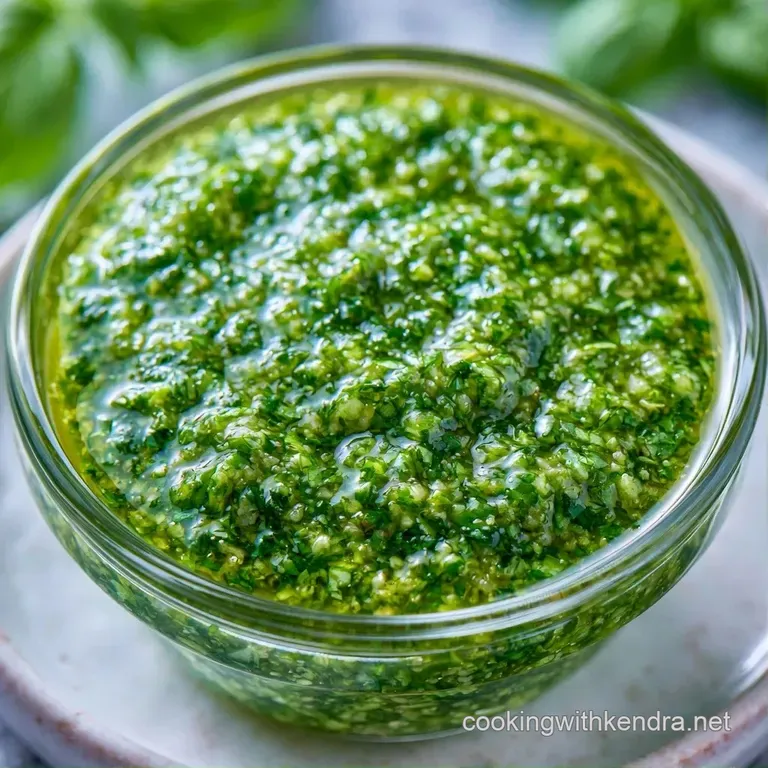 A small ceramic bowl of bright green dressing beside fresh garden greens, drizzled with a glossy, herb-infused oil.