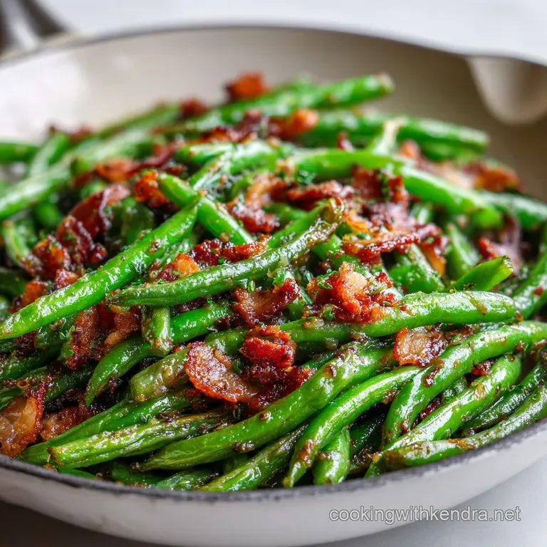 A heap of bright green fried snap beans and crispy bacon sits on a rustic wooden board, ready to be served.