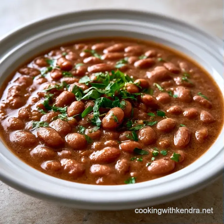 A rustic ceramic bowl filled with tender pinto beans in a thick gravy, topped with diced white onion and cilantro.