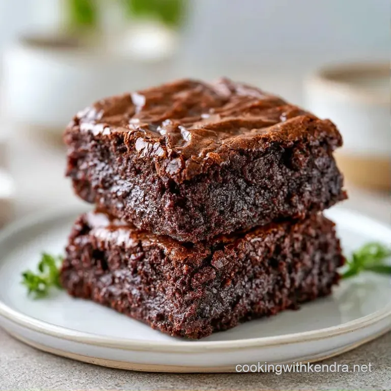 Three fudgy chocolate squares stacked neatly on a white plate, finished with a dusting of powdered sugar.