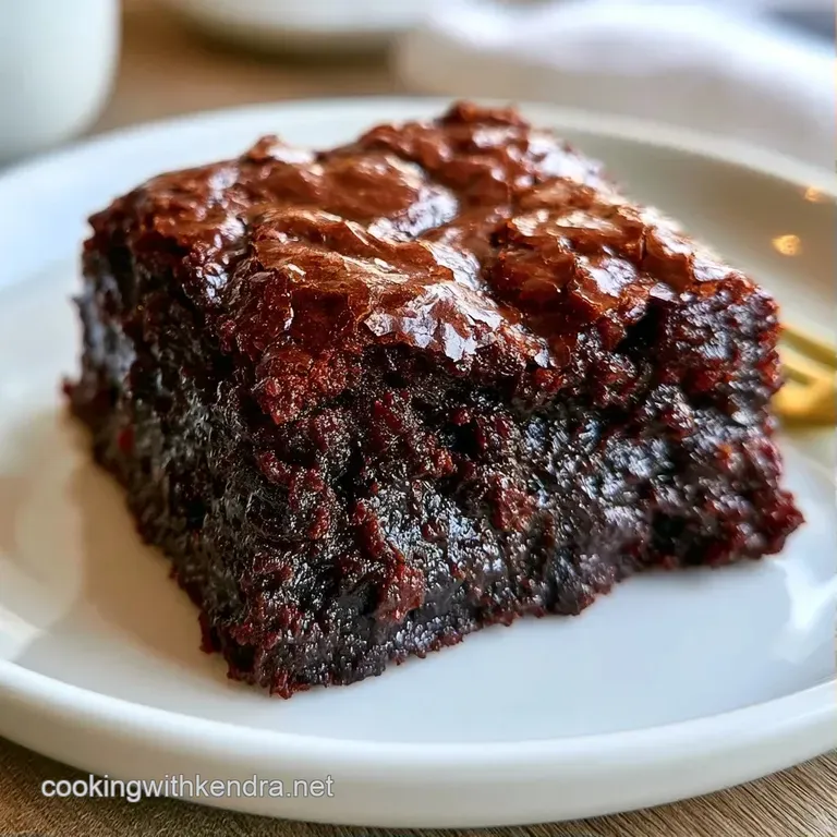 Two moist chocolate squares stacked on a ceramic plate, drizzled with creamy tan nut butter and flaky sea salt.