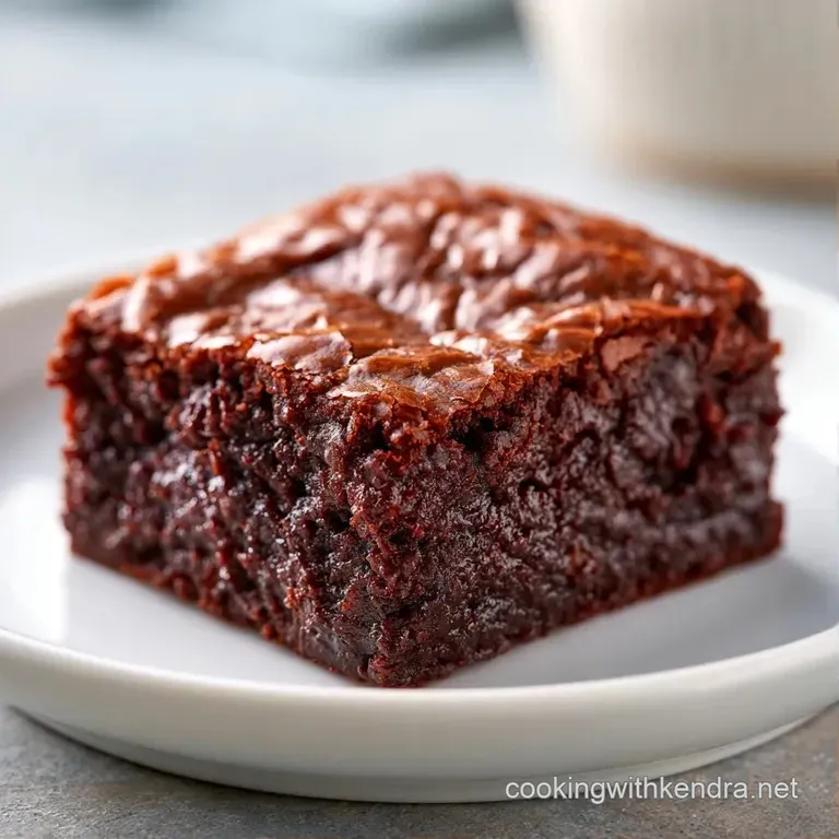 A moist chocolate square dusted with white powdered sugar on a white plate, garnished with a sprig of fresh mint.