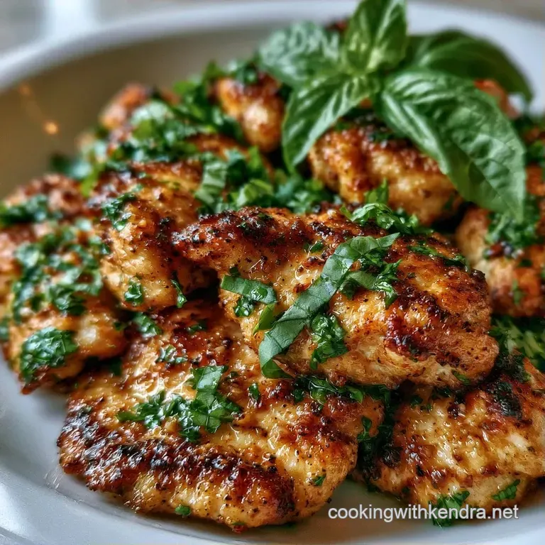 Golden seared chicken breasts drizzled with a glossy garlic sauce and garnished with fresh, vibrant basil leaves.