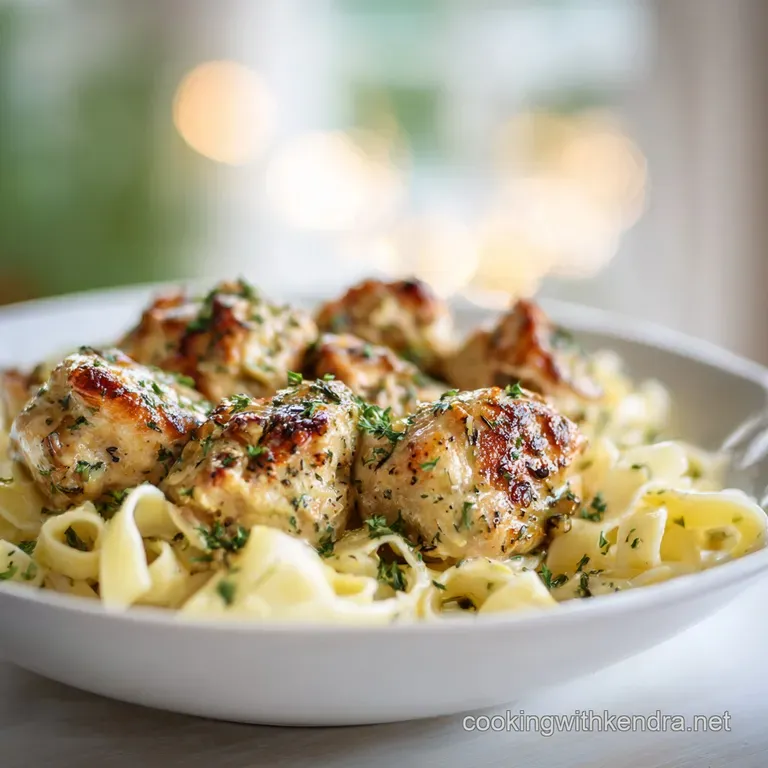A steaming, artfully arranged plate of fettuccine, showcasing tender chicken and creamy sauce, garnished with parsley.