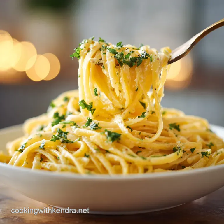 Elegant swirl of garlic butter pasta on a white plate, topped with fresh parsley and cracked black pepper.