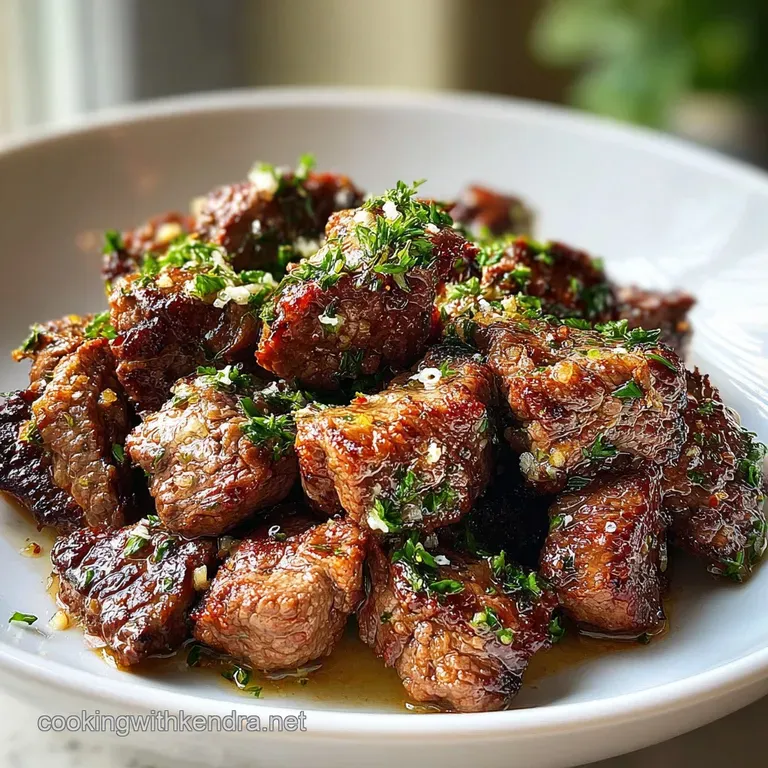 Perfectly seared steak cubes drizzled with golden butter, artfully arranged with rosemary sprigs on white plate.