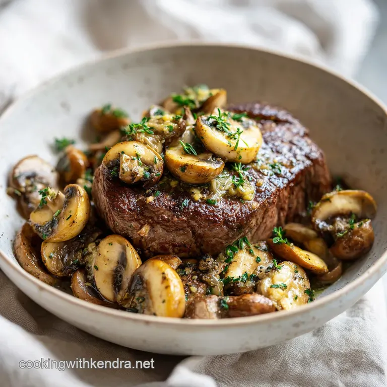 A thick, perfectly cooked steak drizzled with melted garlic butter sauce and a side of saut&eacute;ed mushrooms.