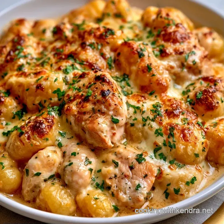 A creamy heap of potato dumplings and tender chicken served in a shallow ceramic bowl with a sprinkle of green herbs.