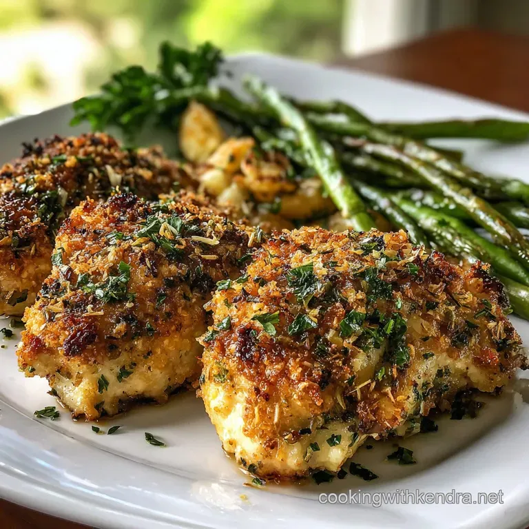 Perfectly plated roasted chicken breast with glistening skin, nestled on a bed of colorful vegetables and fragrant herbs, ...
