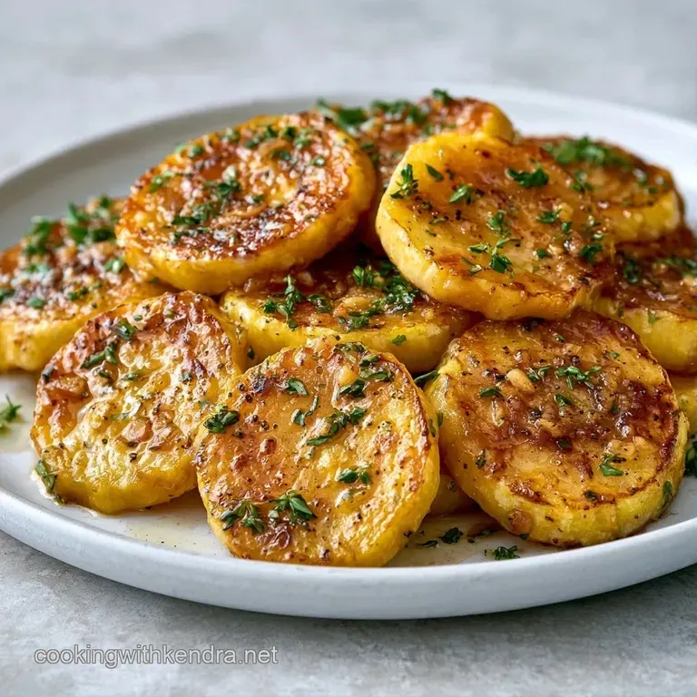 Slices of caramelized yellow and green squash arranged on a slate plate with fragrant herb garnishes.