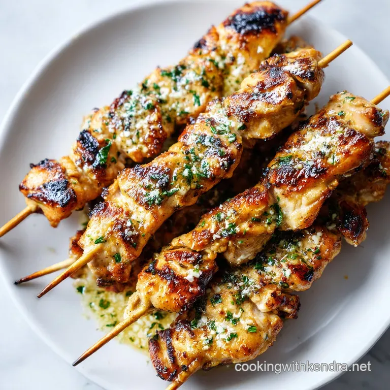 Charred golden chicken cubes on wooden skewers arranged over a bed of saut&eacute;ed spinach and lemon wedges.