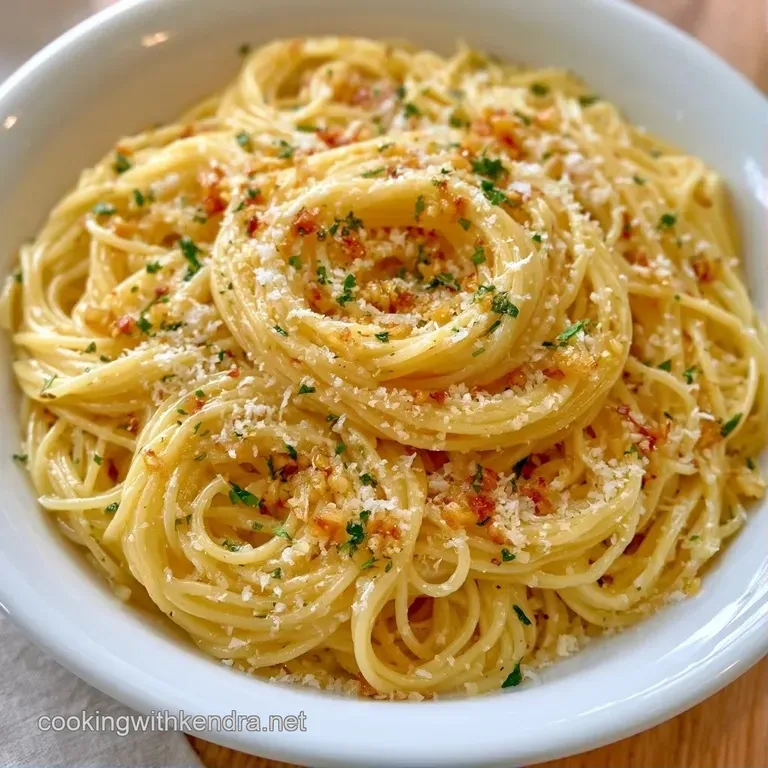 Twirled pasta nest in a white ceramic bowl, topped with shaved parmesan and a sprig of bright green parsley.